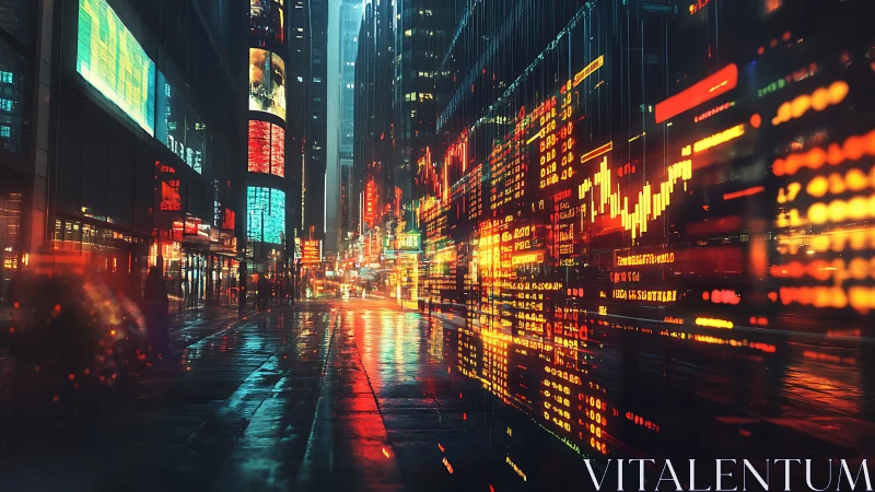 Urban financial data overlays in dense nocturnal streetscape.
