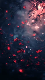 Midnight garden of glowing scarlet petals in soft mist.