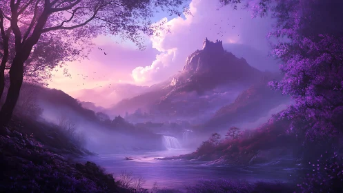 Fantasy mountain fortress overlooks misty violet river valley