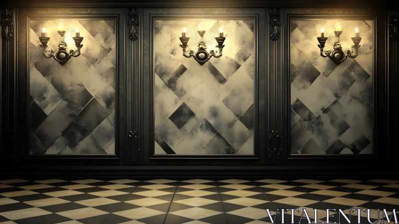 Wall panels with sconces illuminate a geometric tiled floor