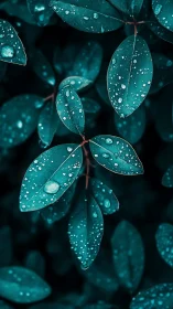 Teal foliage macro with raindrops on elliptical leaves, bokeh field