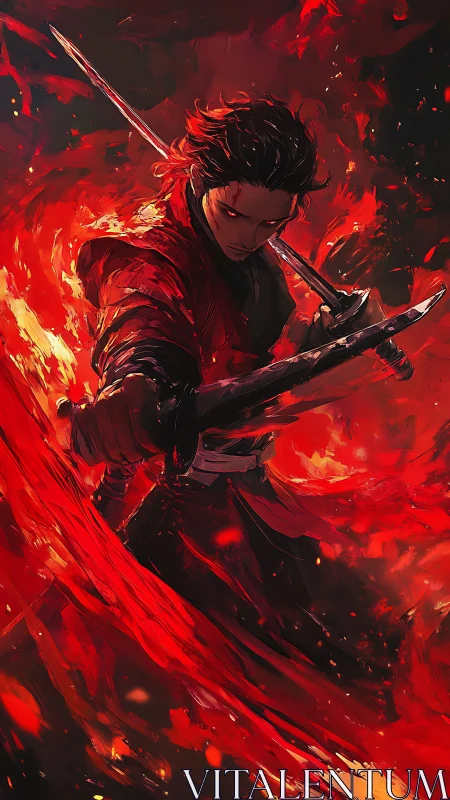 Blazing swordsman carves burning streaks through the dark