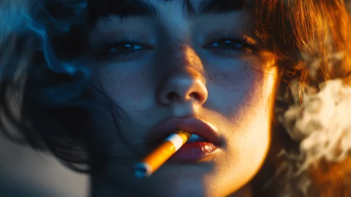 Hyperreal portrait with cinematic smoke diffusion and gaze symmetry.