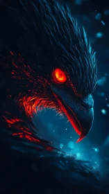 Fiery-eyed mythical raptor glows against a cool night sky