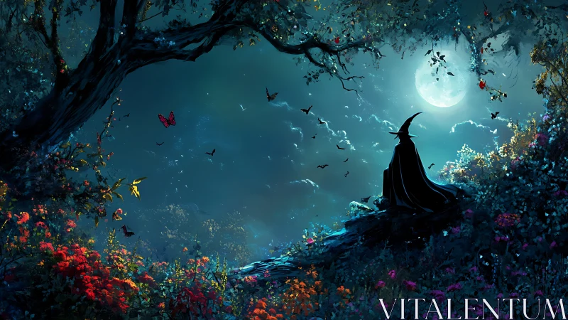 Moonlit witch rests beneath glowing trees in a quiet forest