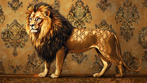 Ornate lion profile integrates baroque damask pattern overlay