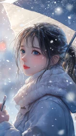 Snowlit girl under umbrella with soft bokeh snowfall portrait.