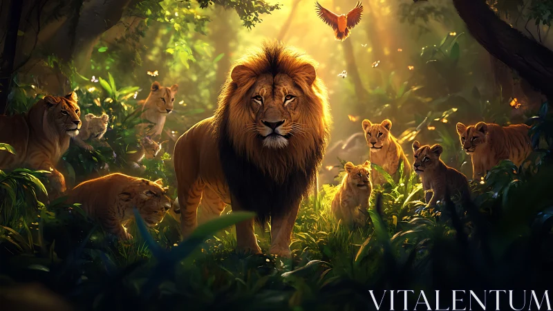 Majestic lion pride bathed in golden forest radiance.