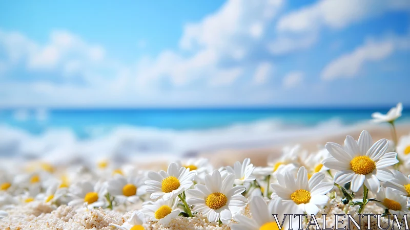 Chamomile Daisies on Sandy Beach with Ocean Backdrop.