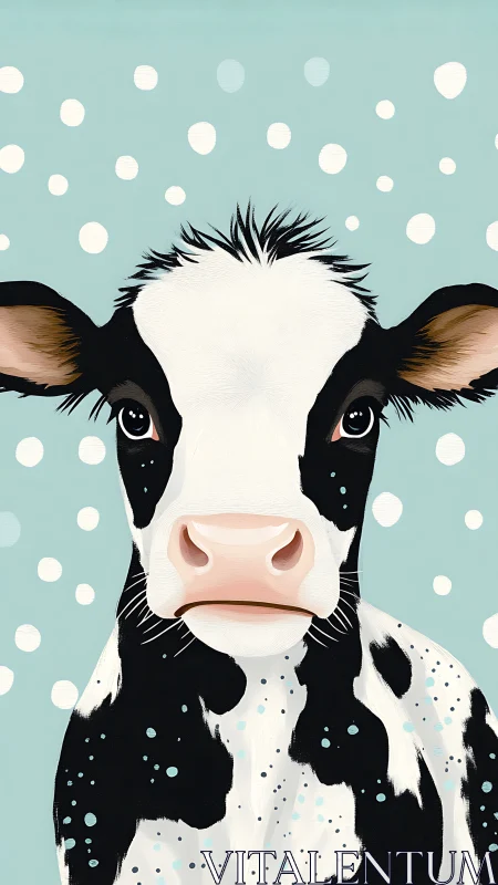 Holstein calf portrait on blue background with white dots.