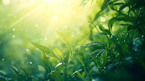 Close-up foliage with dew under diffuse green backlight.