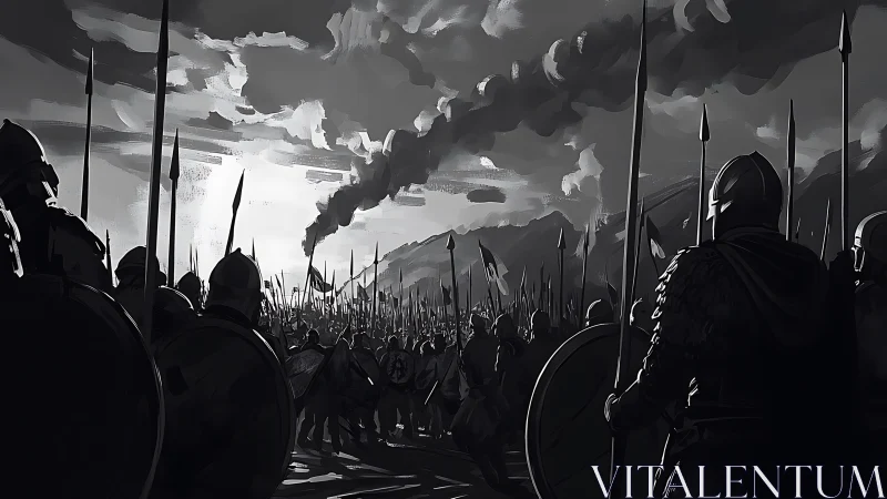 Twilight march of armored warriors toward distant battle.