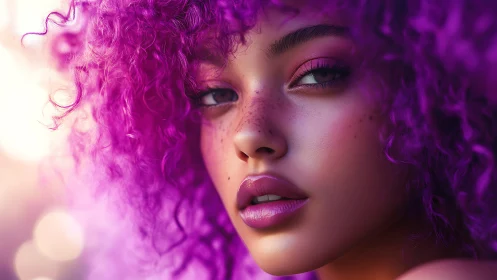 Close portrait of young woman with vivid purple curls.
