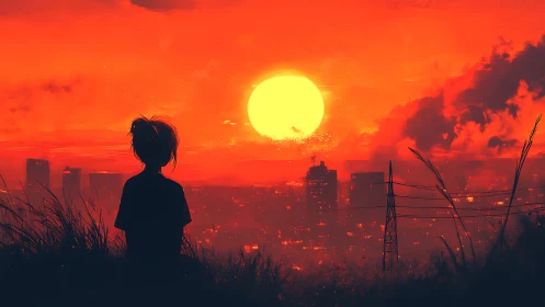 Silhouette watches blazing red sunset over neon city