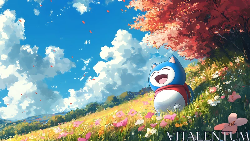 Sunny hillside stroll with a delighted blue creature friend.