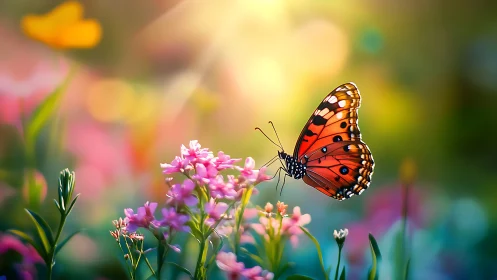 Sunlit monarch pauses amid candy colored garden dreams.