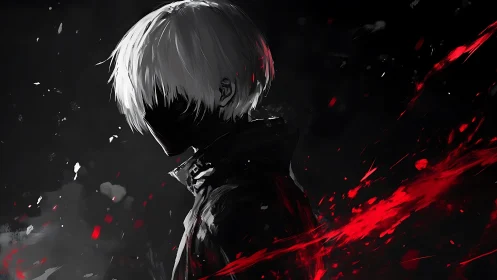 Solitary white haired figure emerges from shadows and bloodlight