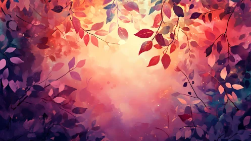 Radiant autumn canopy with glowing abstract foliage sky.