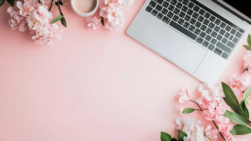 Laptop on pink surface with floral border and coffee cup.