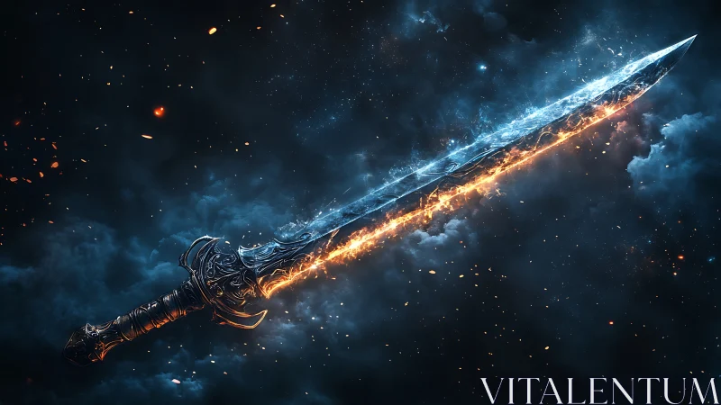 Legendary elemental sword blazes with fire and starlit frost