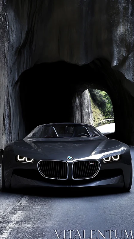 Dark BMW concept car emerges from dramatic mountain tunnel