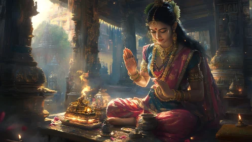 Digital painting of Indian woman in ornate temple prayer ritual