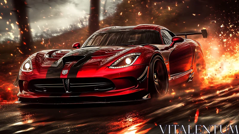 Aerodynamic red track car slicing through incendiary motion fields.