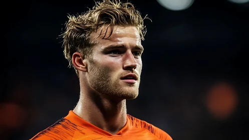Male footballer portrait in stadium under dramatic lighting