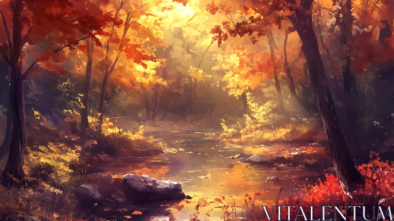 Autumn Forest Stream at Golden Hour.