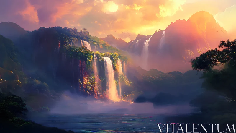 Vibrant fantasy landscape with waterfalls at sunrise.