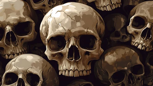 Clustered human skull illustrations in dense layered arrangement.