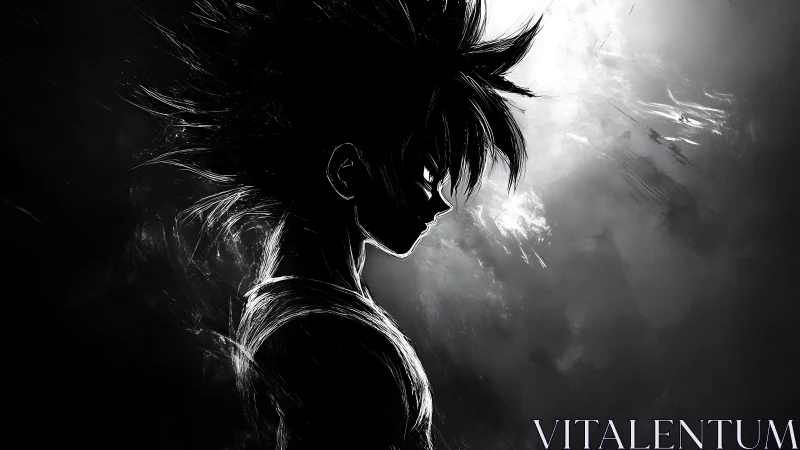 Monochrome side profile of spiky haired anime figure.