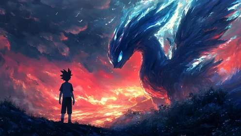 Boy and cosmic phoenix sharing a storm-lit horizon.