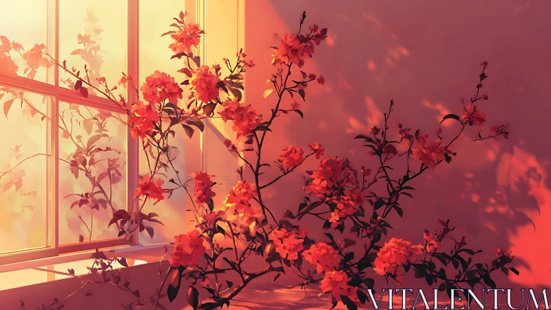 Digital painting of sunset florals across interior window wall.