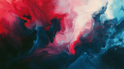 Abstract red and blue fluid clouds swirl across dark space