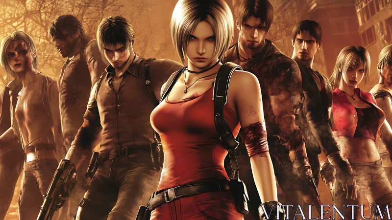 Tough survivor squad standing strong in a ruined cityscape.