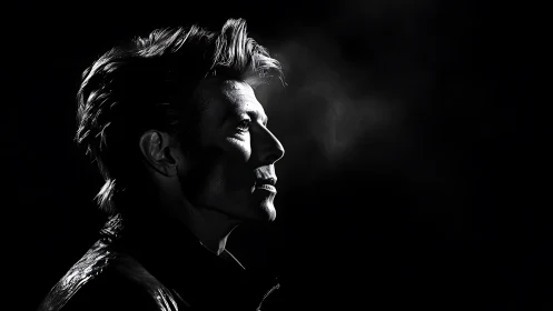 Dramatic side-profile portrait in stark monochrome light.