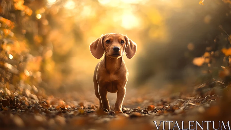 Curious little puppy wandering through a golden woodland path.
