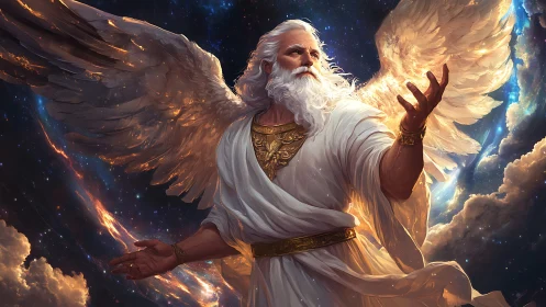 Majestic winged elder deity amid luminous cosmic clouds.