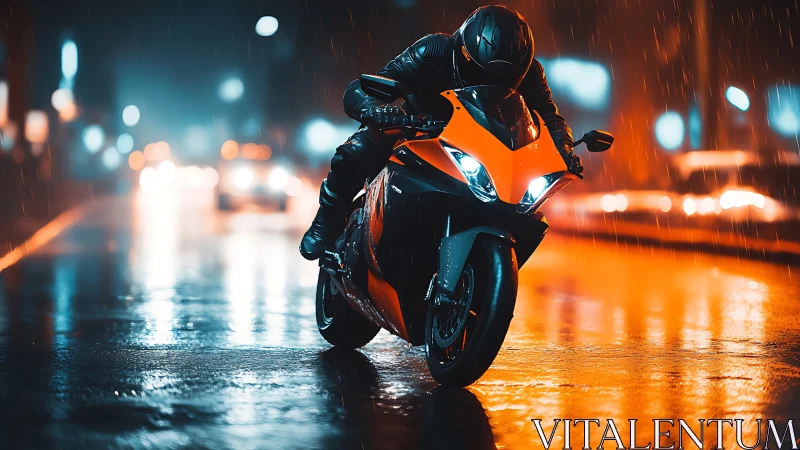 Sportbike slices neon city street under cinematic rain.