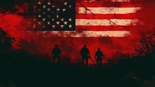 Silhouetted soldiers below distressed United States flag.