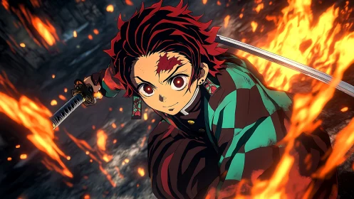 Sword-wielding anime hero charges through dynamic flames.