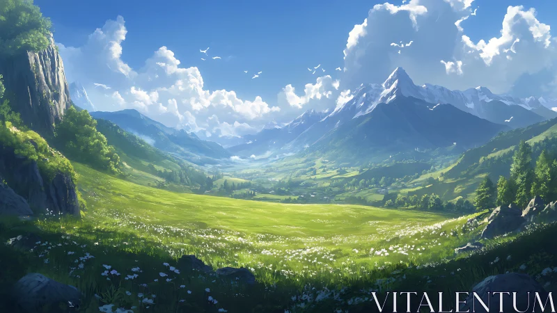 Digital landscape shows alpine valley with snow-capped peaks