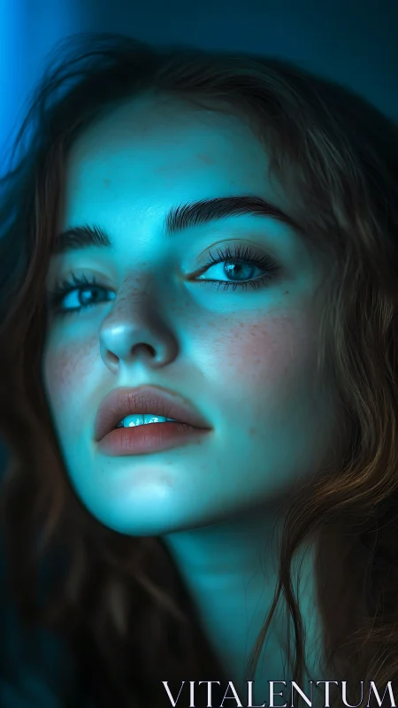 Cyan-luminous portrait with cinematic shallow depth rendering.