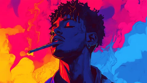 Neon-lit portrait isolates smoking figure in intense duotone glow