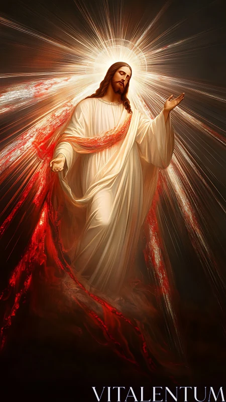 Radiant robed savior rising through light and crimson rays.