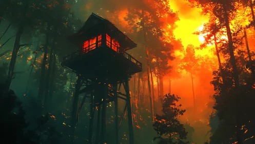 Solitary Tower Ablaze: A Watchtower's Fiery Last Stand.