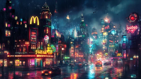 Cyberpunk neon megacity streetscape in dynamic night rainfall.