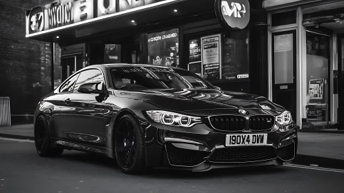 Black BMW coupe stands parked under bright city storefront lights