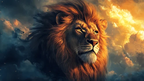 Digital lion portrait against dramatic clouded sky background.